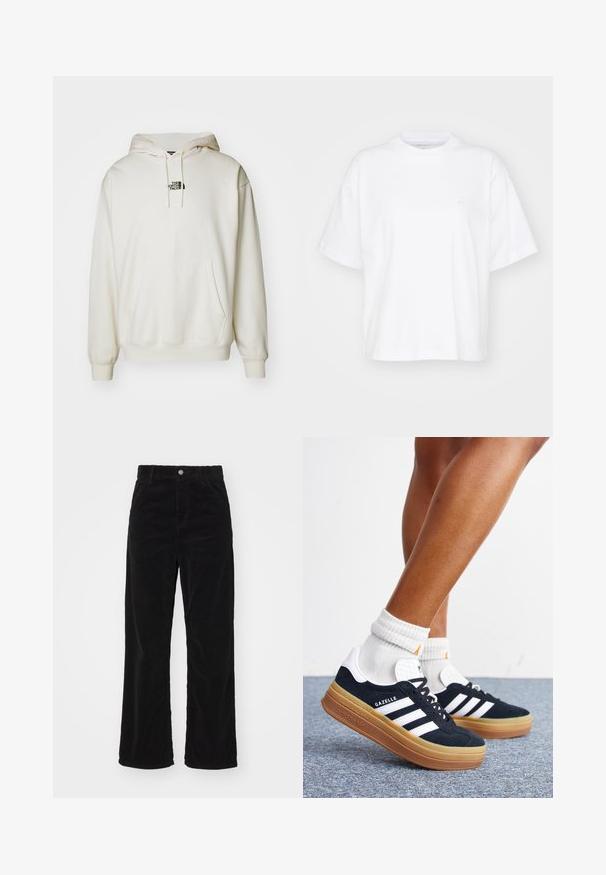 Creme hoodie med frontlomme, justerbar snor i huen og lille sort logo på brystet. Blødt stof og ribbede manchetter.; Hvid bomulds t-shirt med rund hals, korte ærmer og en afslappet pasform. Har et diskret logo på venstre brystområde. Glat tekstur.; Sorte fløjl brede bukser med høj talje, der har en frontknap- og lynlås lukning, samt lodrette ribbede tekstur over hele.; Ben iført hvide sokker og sorte Adidas Gazelle sneakers med hvide striber og tykke brune såler på et gråt tæppe.