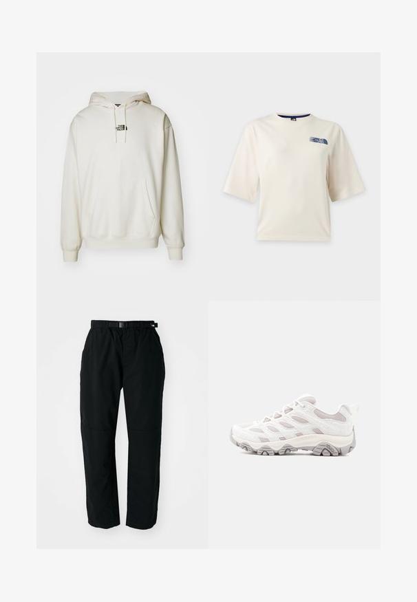Creme hoodie med frontlomme, justerbar snor i huen og lille sort logo på brystet. Blødt stof og ribbede manchetter.; Hvid T-shirt med korte ærmer med en lille blå The North Face-logo på øverste venstre bryst.; Sorte letvægtsbukser med elastisk talje og justerbart bælte. Har tapered ben og forstærkede knæpaneler for holdbarhed.; Lysegrå vandresko med tekstureret overdel, meshpaneler og gummisål. Har et markant snøresystem og Merrell-logo på siden.
