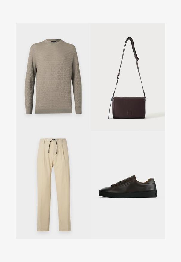 Pull beige clair avec un motif texturé, col rond, manches longues et poignets et ourlet côtelés. Fabriqué en matériau doux.; Pantalon beige à coupe droite, avec une taille à cordon de serrage, un devant plissé et une texture lisse. Design simple et polyvalent.; Baskets basses en cuir marron foncé avec semelle en caoutchouc noire, lacets à l'avant et design minimaliste épuré sur fond clair.; Sac bandoulière en cuir marron foncé texturé avec une sangle réglable et un petit accent décoratif bleu sur le côté.