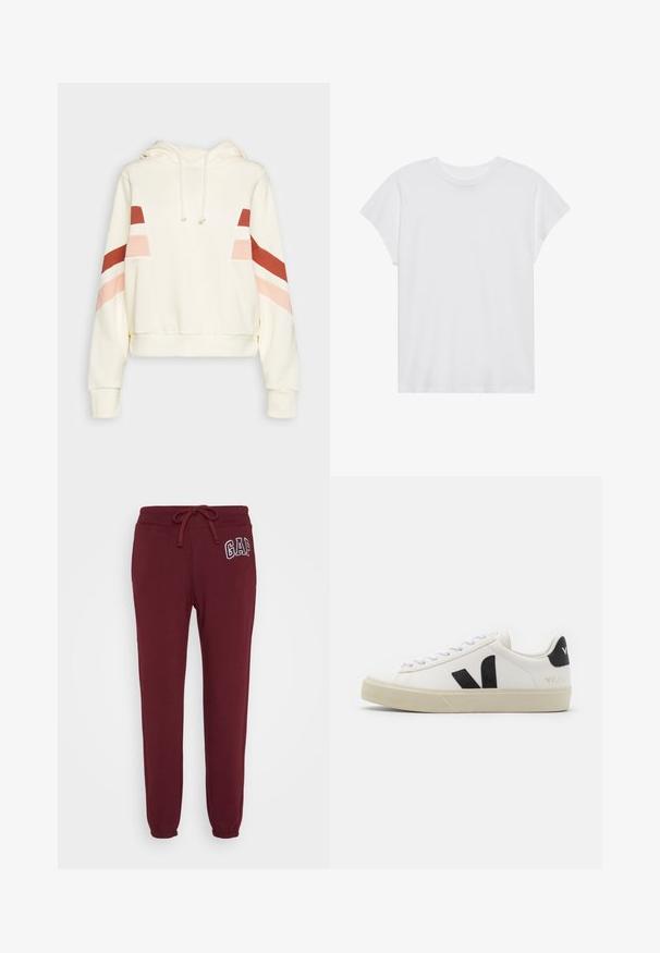 Cremefarvet hættetrøje med snore og røde, pink og hvide diagonale striber på de øverste ærmer og brystet.; Hvid kortærmet t-shirt med rund hals, afslappet pasform, lavet af blødt bomuldsstof. Glat tekstur, ingen mønstre eller logoer.; GAP HERITAGE JOGGER - Træningsbukser - ruby wine; Hvide lædersneakers med sort gummiv V-logo. Tekstureret off-white sål, hvide snørebånd og bagside med brandnavn i sort.