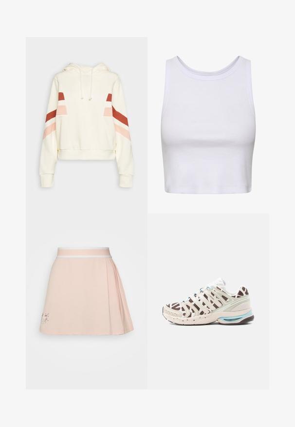 Cremefarvet hættetrøje med snore og røde, pink og hvide diagonale striber på de øverste ærmer og brystet.; Hvid crop-top lavet af ribbet stof, med en rund halsudskæring og ærmeløs design samt en figursyet silhuet. Ingen mønstre eller detaljer.; adidas Originals SKIRT - Mini skirts - icey pink; Sneaker med et beige og brunt pletmønster, netstof, lyseblå accenter og en polstret sål for komfort.