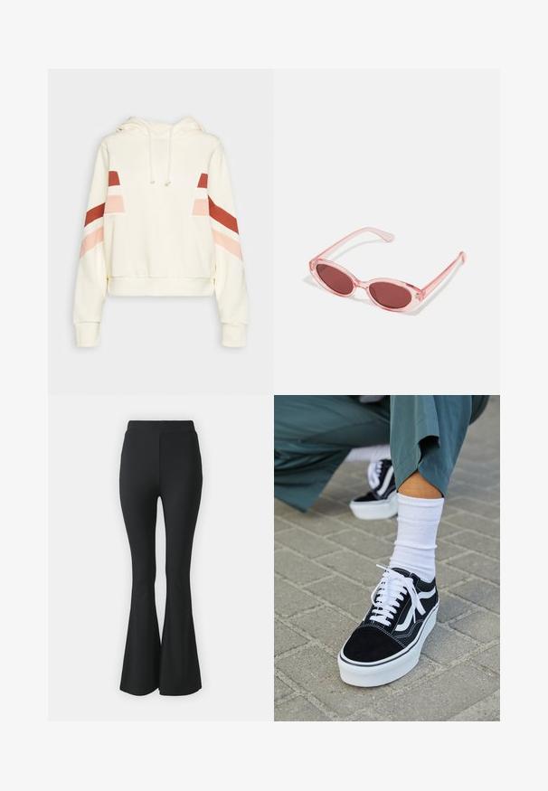 Sweat à capuche crème avec cordons et rayures diagonales rouges, roses et blanches sur le haut des manches et la poitrine.; Pantalons noirs évasés en tissu extensible. Présentent une taille haute et un design lisse et ajusté qui s'évase à partir du genou.; Baskets en suède noir avec des accents et des lacets blancs, présentant une épaisse semelle blanche et des coutures contrastantes, associées à une chaussette blanche.; Lunettes de soleil transparentes roses avec des verres ovales, teintés d'un rouge foncé, et des branches fines, présentant une finition lisse et des détails subtils sur la monture.