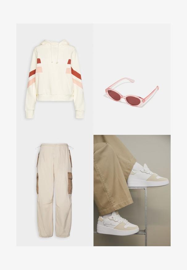 Cremefarvet hættetrøje med snore og røde, pink og hvide diagonale striber på de øverste ærmer og brystet.; BDG Urban Outfitters CONTRAST - Cargobukser - beige; Hvide sneakers med beige accenter båret med beige bukser, fødder hvilende på en minimal metalramme mod en neutral baggrund.; Lyserøde transparente solbriller med ovale linser, mørkerød toning og slanke stænger, der har en glat overflade og diskret detaljering på rammen.
