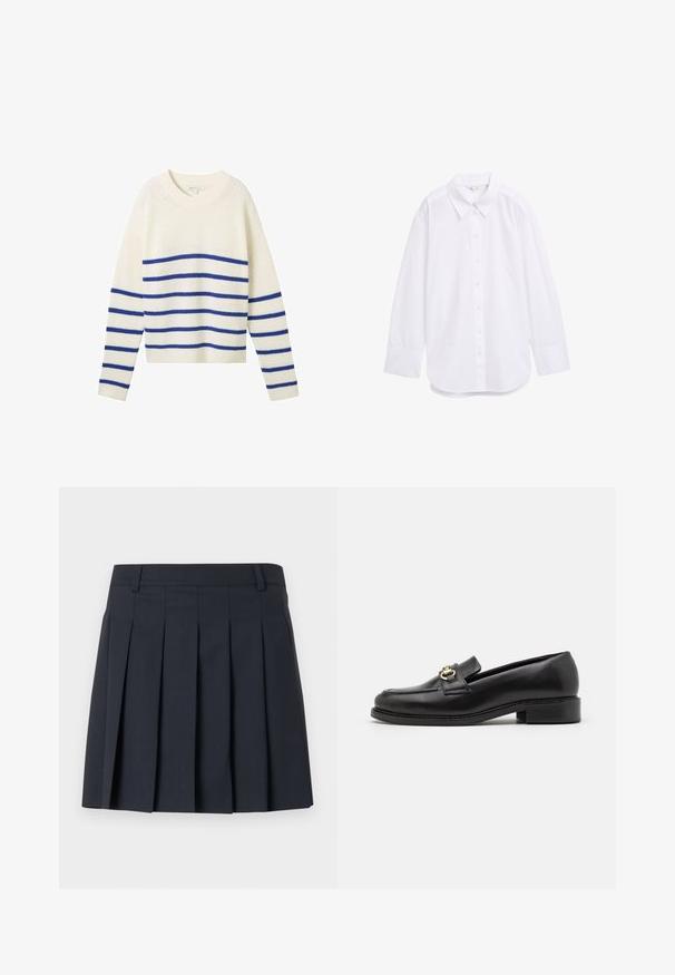 Suéter de punto crema con rayas azules horizontales, cuello redondo, mangas largas y puños y dobladillo acanalados. Textura suave y corte casual.; Camisa blanca de manga larga, hecha de tela, con un cuello clásico, botones en la parte delantera y un dobladillo redondeado. Textura suave con detalles mínimos.; Falda plisada azul oscuro con una pretina plana, hecha de tela lisa. Presenta múltiples pliegues verticales y un diseño ajustado.; Mocasines de cuero negro con un bajo tacón cuadrado, presentando un acento de hardware en color dorado y costuras detalladas a lo largo de la punta y la parte superior.