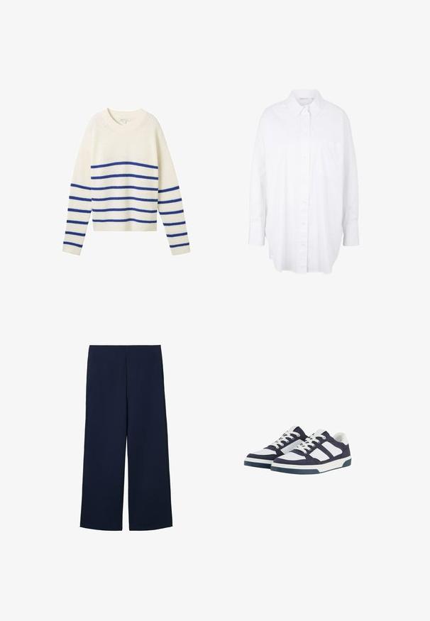 Suéter de punto crema con rayas azules horizontales, cuello redondo, mangas largas y puños y dobladillo acanalados. Textura suave y corte casual.; Camisa blanca de botón hecha de algodón con un cuello clásico, mangas largas, un bolsillo en el pecho y un dobladillo curvado para un ajuste relajado.; Pantalones de pierna ancha en color navy, hechos de una tela ligera, con un diseño limpio y un corte recto, que incluye bolsillos laterales y sin cierres visibles.; Zapatillas de lona en navy y blanco con un diseño de corte bajo, que presentan cierres de cordones, suelas de goma y acentos a rayas en contraste.