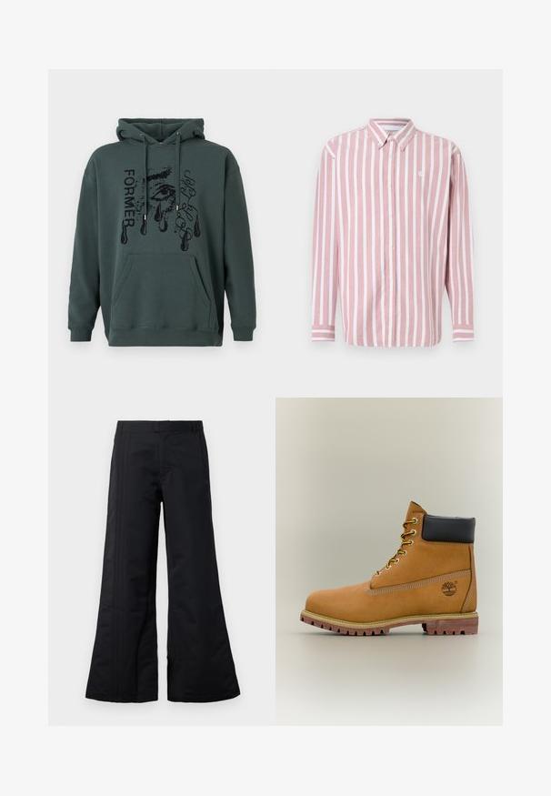 Mørkegrøn hættetrøje lavet af blødt stof med en frontlomme, snoretræk på hætten og grafisk tekst med et øje-design og tårer.; Stribet skjorte med knapper i pink og hvid. Har krave, lange ærmer og et lille logo. Fremstillet af vævet stof.; Sorte bredbenede bukser lavet af glat stof, med frontfolder og en talje. Rent design uden synlige mønstre eller dekorationer.; Brun læderankelstøvle med sort krave, gule snørebånd og tanfarvet sål. Har logo og hvide syninger som detalje. Robust ydersål med greb.