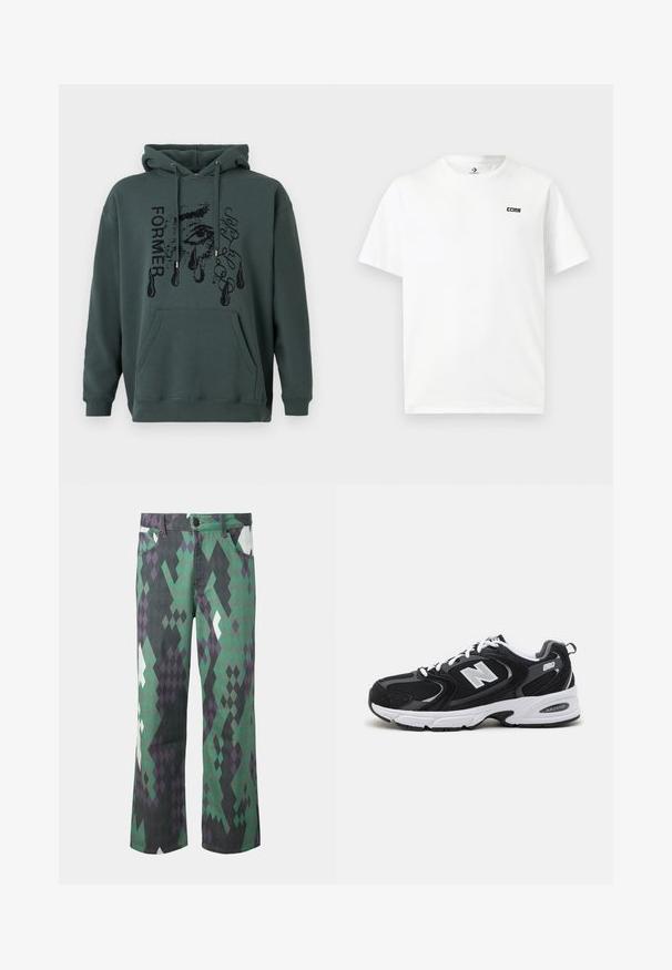 Mørkegrøn hættetrøje lavet af blødt stof med en frontlomme, snoretræk på hætten og grafisk tekst med et øje-design og tårer.; Hvid t-shirt med korte ærmer og rund halsudskæring med lille sort "CONS"-logo på øverste venstre bryst.; Bukser med lige ben med geometrisk diamantmønster i grøn, sort, lilla og hvid, med forlommer og knaplukning.; Sorte og grå sportssko med mesh og ruskind på overdelen, der har en hvid mellemsål, snørebånd og et iøjnefaldende "N" logo på siden.
