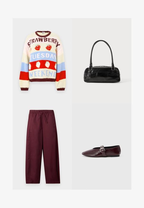 Pull en maille avec rayures multicolores en crème, rouge et bleu, orné de motifs de fruits et de textes indiquant "FRAISE", "MARDI" et "WEEK-END".; Pantalon ample couleur bordeaux avec taille élastique et cordon de serrage, jambes droites, sans poches visibles ni motifs.; Ballerines en cuir bordeaux avec un bout pointu, une semelle plate et une sangle décorative avec boucle sur le cou-de-pied. Texture lisse et brillante.; Sac à main en cuir noir de forme rectangulaire, doté d'une seule ansse structurée, de quincaillerie argentée et d'une fermeture éclair. Texture lisse.