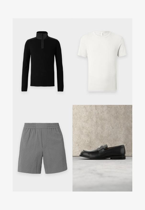 Schwarzer Pullover mit hohem Kragen und einem Viertelreißverschluss. Verfügt über glattes Material und kontrastierende, strukturierte Schulterpaneele.; Einfaches weißes T-Shirt mit kurzen Ärmeln und Rundhalsausschnitt, flach auf einem hellgrauen Hintergrund ausgebreitet, mit einem kleinen Stoffetikett am Kragen.; Graue Shorts mit elastischem Bund, strukturiertem Stoff und geradem Schnitt. Verfügt über zwei Seitentaschen und ein dezentes, gemustertes Design.; Schwarzer Lederloafer mit einer Metallmarkenplatte, der nahe einem braunen runden Tisch auf beigem Teppichboden ruht.