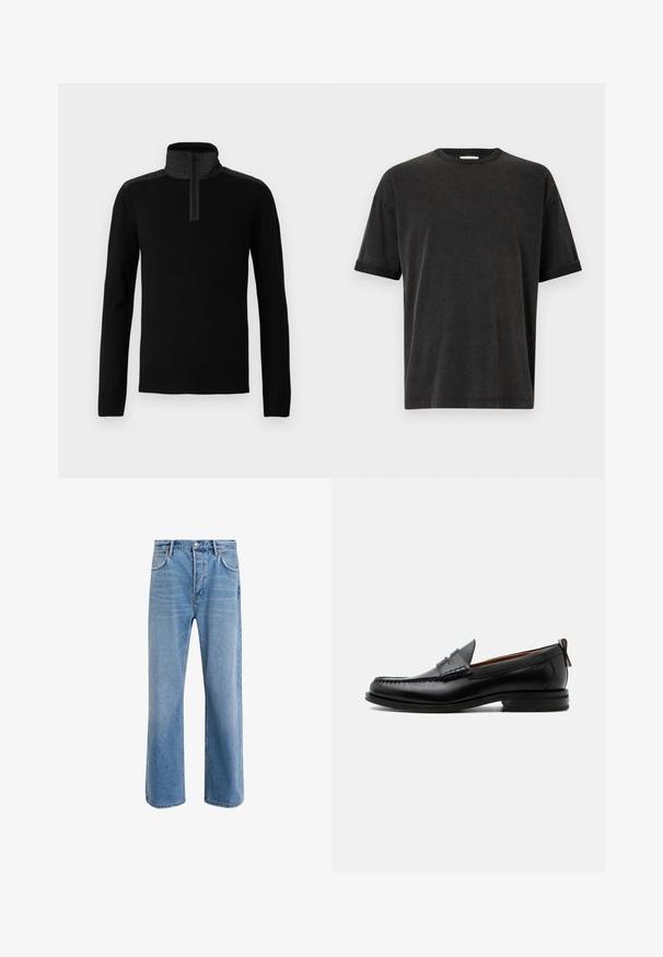 Sort sweater med høj krave og lynlås i kvart længde. Har glat stof og kontrasterende teksturerede skulderpaneler.; Sort kortærmet t-shirt med rund hals, afslappet pasform og opfoldede ærmer. Lavet af blødt bomuldsstof med en let tekstur.; Lyseblå denim jeans med lige ben-design, fem lommer, knaplukning, minimal falming og kontraststingdetaljer.; Sort læder herre loafer med moc-tå syning, penny strop, struktureret krave og lav stablet hæl på hvid baggrund.