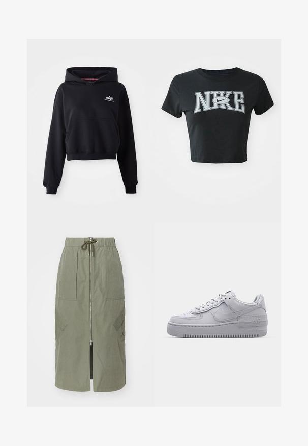 Sort cropped hoodie lavet af blødt stof, med en forlommer, snoretræk i hætten og et lille hvidt logo på brystet.; Sort cropped t-shirt lavet af blødt stof med rund halsudskæring. Har stort hvidt Nike-logo i fed skrift på forsiden.; Oliven grøn midi-skjørt lavet af letvægtsstof, med en front lynlås, elastisk talje og store sidelommer med vinkelformede klapper.; Grå Nike Air Force 1 sneakers med perforeret tå, glat læderoverdel, tyk sål og præget 'AIR' detalje på hælen.
