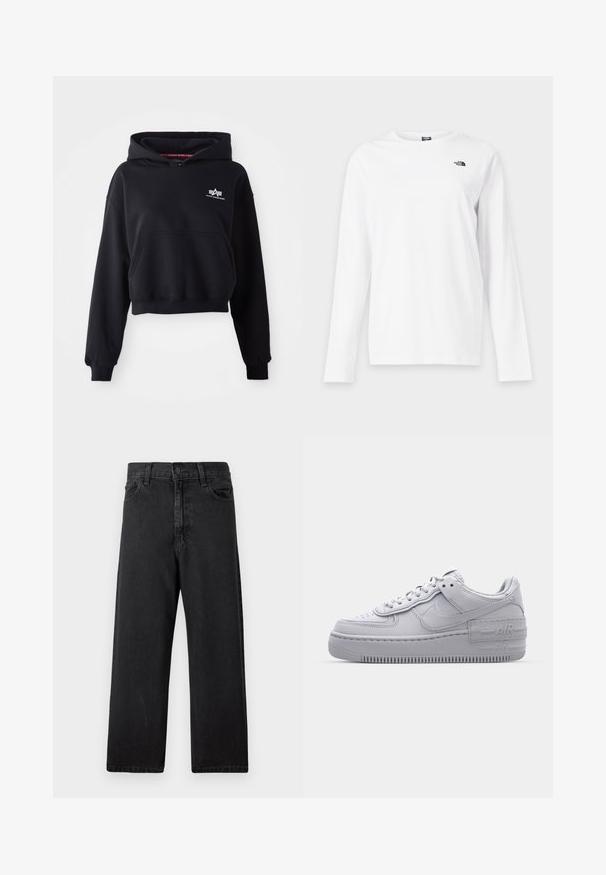 Sort cropped hoodie lavet af blødt stof, med en forlommer, snoretræk i hætten og et lille hvidt logo på brystet.; Hvid langærmet T-shirt med rund hals og lille sort The North Face-logo på venstre bryst.; Sort denimjeans med højtaljet, lige ben, fem-lomme-design og klassisk knaplukning foran. Blødt, tekstureret stof.; Grå Nike Air Force 1 sneakers med perforeret tå, glat læderoverdel, tyk sål og præget 'AIR' detalje på hælen.