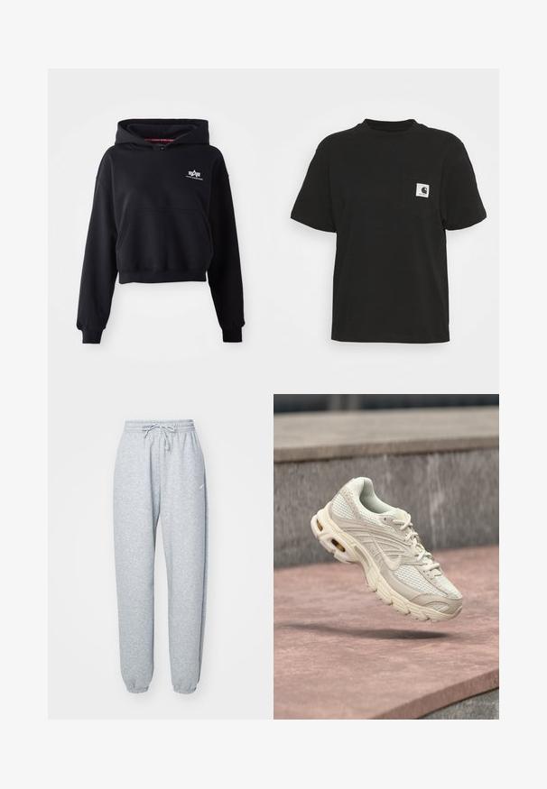 Zwarte crop hoodie van zachte stof, met een voorkant zak, trekkoord capuchon en een klein wit logo op de borst.; Zwarte katoenen T-shirt met korte mouwen, ronde hals en een voorzak met een vierkant logo in wit en zwart.; Lichtgrijze sweatpants gemaakt van een zachte katoenen mix, met een elastische tailleband met koord, taps toelopende benen en ribgebreide boorden. Minimale merkdetails.; Lichtbeige sportschoen met een bovenwerk van mesh, een afgeronde neus en een gestructureerde middenzool. Voorzien van een gevoerde kraag en veters met een subtiel logo.