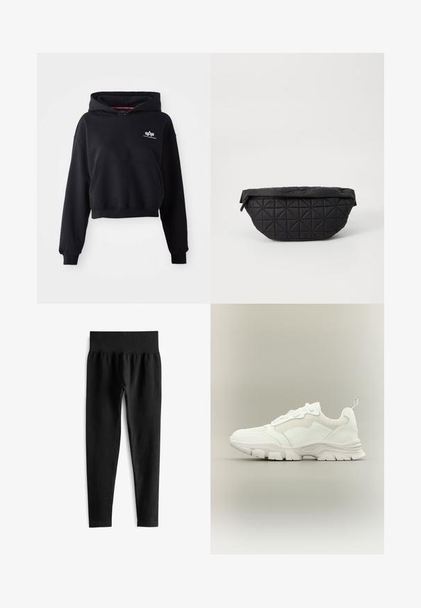 Sort cropped hoodie lavet af blødt stof, med en forlommer, snoretræk i hætten og et lille hvidt logo på brystet.; Sorte ribbede leggings med en bred elastisk talje, der har en tætsiddende silhuet og en glat tekstur. Ingen synlig hardware eller mønstre.; Hvid atletisk sneaker med mesh og læderoverdel, chunky sål og trækflig ved hælen, vist i sideprofil på neutral baggrund.; Sort quiltet taske med en blød, polstret tekstur og et vinkelret diamantmønster, med en buet silhuet og lynlåslukning.