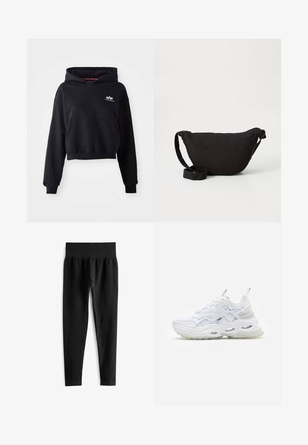 Sort cropped hoodie lavet af blødt stof, med en forlommer, snoretræk i hætten og et lille hvidt logo på brystet.; Sorte ribbede leggings med en bred elastisk talje, der har en tætsiddende silhuet og en glat tekstur. Ingen synlig hardware eller mønstre.; Hvide sneakers med en kraftig sål, lagdelt mesh og syntetisk overdel, med mønstrede detaljer, snøresystem og hæl-dragtag.; Sort hobo taske lavet af blødt stof, med en buet form, lynlåslukning og en bred justerbar rem. Glat tekstur uden mønstre.