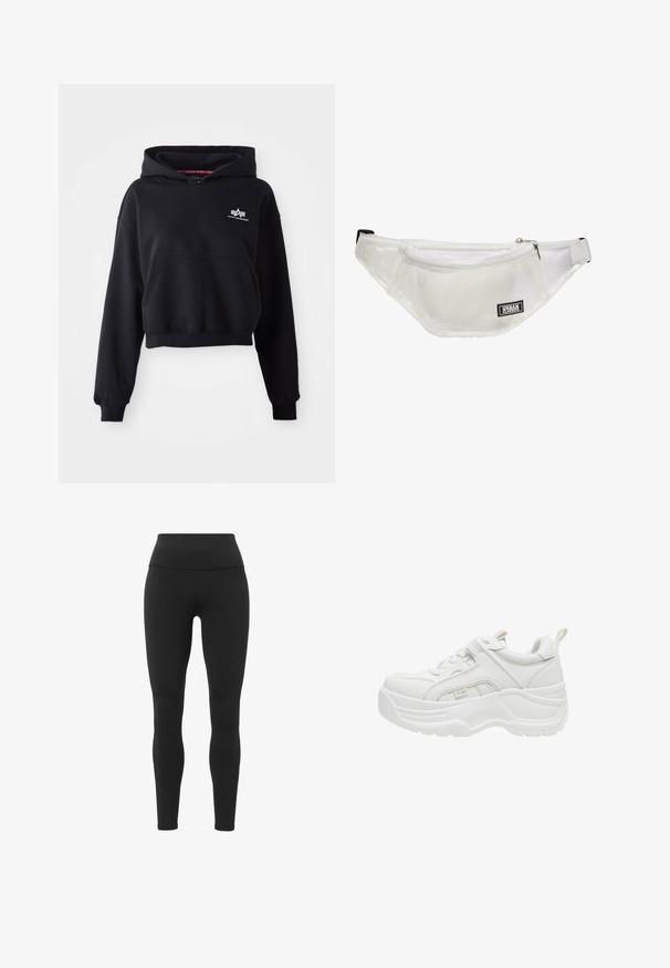 Zwarte crop hoodie van zachte stof, met een voorkant zak, trekkoord capuchon en een klein wit logo op de borst.; Zwarte leggings met een hoge tailleband, gemaakt van rekbaar materiaal, hebben een gladde, gestructureerde afwerking en een aansluitend ontwerp.; Witte chunky sneaker met dikke zool, veters aan de voorkant, gevoerde kraag en trekriem aan de hiel.; Heldere heuptas gemaakt van transparant materiaal, met een gaasvak, ritssluiting en verstelbare band. Zwarte merklabel zichtbaar.