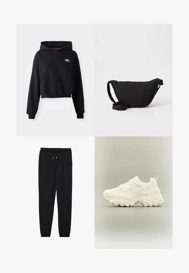 Sort cropped hoodie lavet af blødt stof, med en forlommer, snoretræk i hætten og et lille hvidt logo på brystet.; Sorte joggerbukser lavet af blødt stof, med en elastisk talje med snor, sidelommer og smalt siddende ankler.; Hvid chunky sneaker med tyk tekstureret sål, mesh paneler, snørelukning foran og trækstrop ved hælen på en neutral baggrund.; Sort hobo taske lavet af blødt stof, med en buet form, lynlåslukning og en bred justerbar rem. Glat tekstur uden mønstre.
