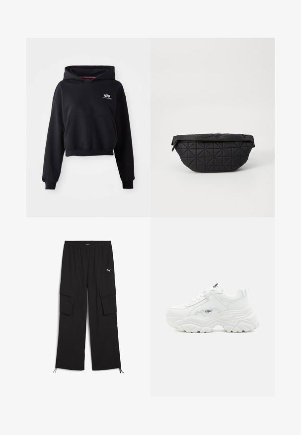 Zwarte crop hoodie van zachte stof, met een voorkant zak, trekkoord capuchon en een klein wit logo op de borst.; Zwarte cargobroek met een wijd design, elastische tailleband, twee zijzakken en trekkoord bij de pijpen. Bevat een klein wit logo.; Witte chunky sneakers met een soepel leren bovenwerk, ronde neus en een dikke, gestructureerde zool met een zichtbaar merklogo aan de zijkant.; Zwarte, gewatteerde tas met een zachte, gewatteerde textuur en een hoekig ruitpatroon, met een gebogen silhouet en ritssluiting.