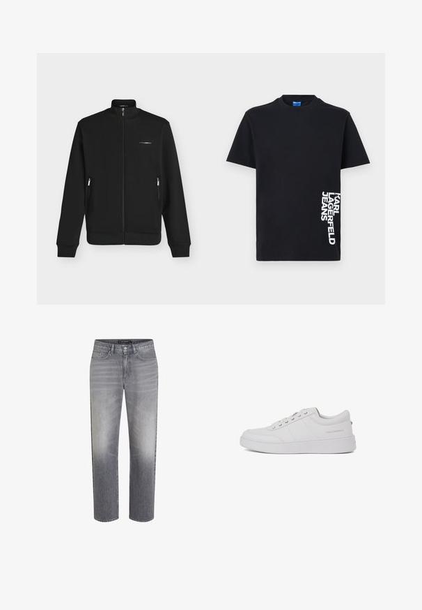 Veste noire zippée avec col montant, poches latérales zippées, poignets et ourlet côtelés, avec un petit logo de marque blanc sur la poitrine gauche.; T-shirt noir à manches courtes avec col rond et texte vertical blanc "KARL LAGERFELD JEANS" imprimé près du bas, côté droit.; Jeans gris taille mi-haute à jambe droite avec un effet délavé sur le devant, fermeture à bouton, passants de ceinture et design à cinq poches.; Baskets blanches en cuir avec un design classique à tige basse, semelle plate et logo de marque discret sur le talon. Présente cinq œillets métalliques pour les lacets.