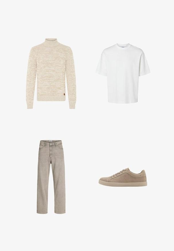 Beige og hvid meleret striktrøje med lange ærmer og høj polokrave, der har et lille brunt mærke nær kanten.; Enkel hvid t-shirt med korte ærmer, rund hals og løs pasform vist på hvid baggrund.; Beige denim jeans med høj talje og lige ben med forlommer, bæltestropper og knaplukning, vist mod en hvid baggrund.; Beige ruskindssneaker med rundet tå, flade snørebånd, diskrete perforeringer på siden og en tyk, struktureret gummisål.