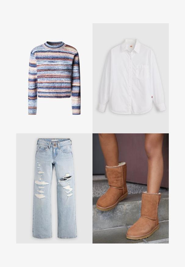 Multifarvet cropped sweater med vandrette striber. Materialet har en blød, struktureret fornemmelse. Har rund halsudskæring og lange ærmer.; Hvid langærmet skjorte med knapper, krave og venstre brystlomme, lagt fladt på en lys baggrund.; Lyseblå denimjeans med afslappet pasform, slidte detaljer med revner og flossede kanter. Klassisk design med fem lommer.; Brune ruskind ankelstøvler med rund tå, blødt foer og gummisål, der har synlige stikninger langs sømmene.