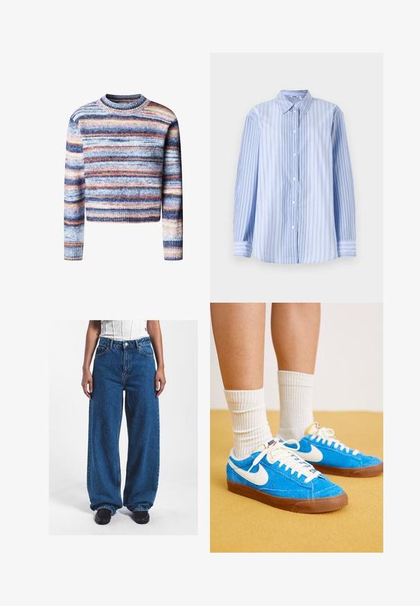 Pull court multicolore avec des rayures horizontales. Le matériau a une texture douce. Il possède un col rond et des manches longues.; Chemise à manches longues rayée bleue et blanche en tissu léger, avec un col classique et une fermeture à boutons sur le devant.; Jean en denim bleu à jambes larges avec une taille haute, dotés d'une fermeture à bouton, de poches avant et d'une texture légèrement décolorée.; Des baskets Nike en daim bleu avec des accents blancs, des lacets plats et des semelles en caoutchouc marron, associées à des chaussettes blanches côtelées.