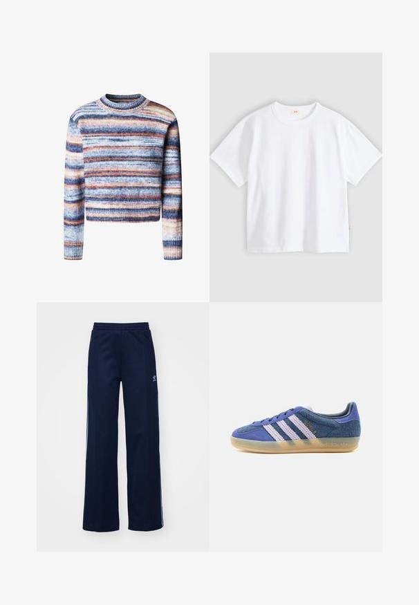 Multikleurige cropped trui met horizontale strepen. Het materiaal heeft een zachte, textuurrijke feel. Heeft een ronde halslijn en lange mouwen.; Wit katoenen t-shirt met korte mouwen, ronde hals, losse pasvorm, gladde textuur en een klein logolabel aan de linker zijnnaad.; Marineblauwe katoenen joggingsbroek met een brede pijpdesign, elastische tailleband en ritszakken, voorzien van witte zijstrepen en logo-detail.; Low-top sneaker in blauw suède met witte getextureerde strepen, doorschijnende rubberen zool en gouden "BAYRE"-branding aan de zijkant.