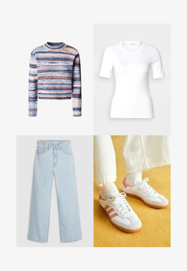 Pull court multicolore avec des rayures horizontales. Le matériau a une texture douce. Il possède un col rond et des manches longues.; T-shirt blanc à manches courtes en coton lisse, doté d'un col rond et d'une coupe ajustée. Design classique, sans motifs ni accents.; Jean large en denim bleu clair à taille haute, avec une fermeture à bouton et zip, deux poches avant et des détails de couture subtils.; Baskets blanches avec des accents roses, en matériaux de daim et de cuir, à bout rond et semelle en caoutchouc, présentées avec des chaussettes claires sur un fond jaune.