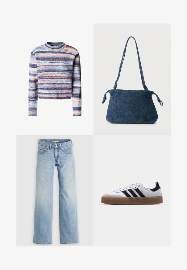Multifarvet cropped sweater med vandrette striber. Materialet har en blød, struktureret fornemmelse. Har rund halsudskæring og lange ærmer.; Lyseblå vidde jeans i denim med knaplukning, baglommer og en let falmet vask for et afslappet look.; Hvide lædersneakers med sorte striber, gummirubber sål, rund tå, snørelukning og blød grå ruskinds tåhætte.; Mørkeblå denim skuldertaske med knyttede stropender og en enkel rektangulær form mod en hvid baggrund.