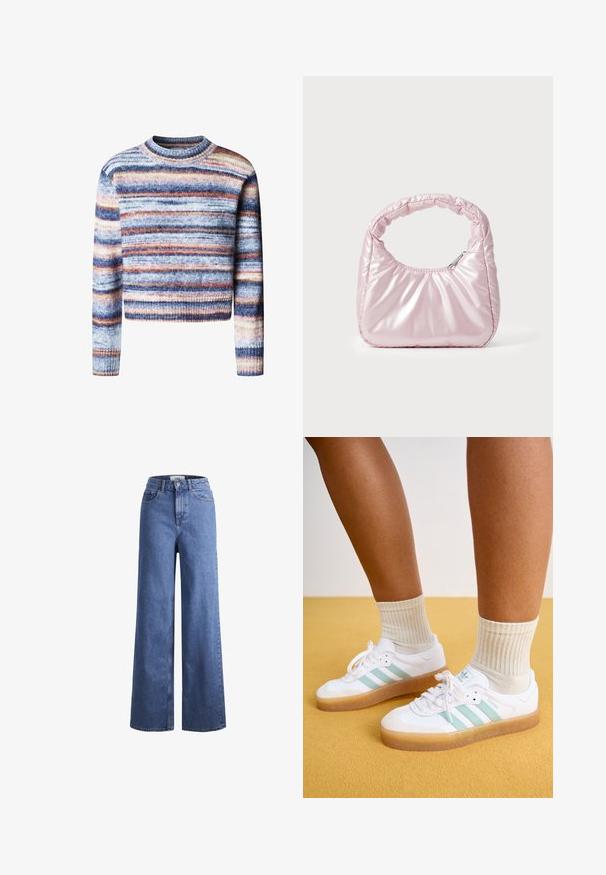 Pull court multicolore avec des rayures horizontales. Le matériau a une texture douce. Il possède un col rond et des manches longues.; Jean large en denim bleu clair avec taille haute, deux poches avant et coutures visibles. Fermeture à bouton et à zip.; Baskets blanches avec des rayures vert menthe, semelle en caoutchouc et lacets, associées à des chaussettes crème à côtes. Sur fond jaune.; Sac à main rose rembourré avec un design arrondi, fabriqué à partir d'un matériau brillant. Dispose d'une poignée froncée et d'une fermeture éclair pour un accès sécurisé.