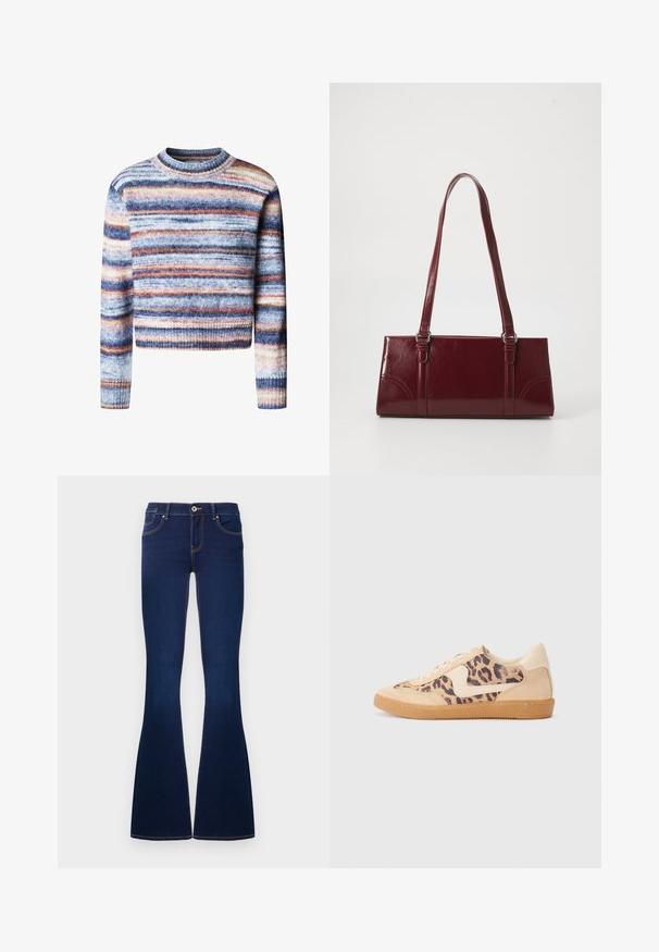 Pull court multicolore avec des rayures horizontales. Le matériau a une texture douce. Il possède un col rond et des manches longues.; Jean flare en denim bleu foncé avec bouton frontal, fermeture éclair, passants de ceinture, et cinq poches, présenté sur un fond blanc.; Baskets en imprimé léopard avec tige en suède beige, semelle en caoutchouc tan et accents blancs. Bout rond et design à lacets avec une finition texturée.; Sac à main bordeaux en matériau brillant, de forme rectangulaire, avec deux anses et des accents légèrement courbés à l'avant.