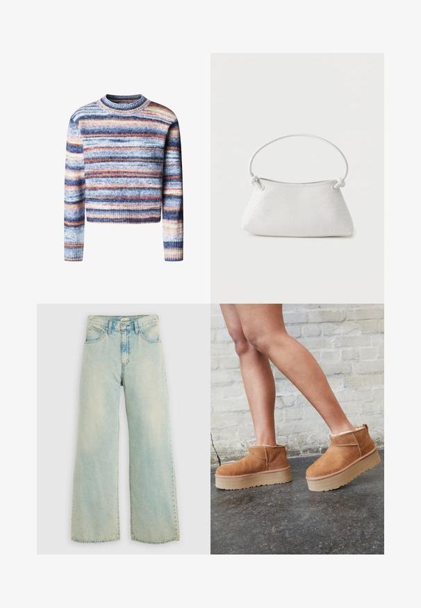 Multikleurige cropped trui met horizontale strepen. Het materiaal heeft een zachte, textuurrijke feel. Heeft een ronde halslijn en lange mouwen.; Lichtblauwe denim wijd uitlopende jeans met een hoge taille, vervaagde afwerking, vijfzakkenontwerp en rechte pijpen met een onafgewerkte zoom.; Bruine suède enkelboots met een zachte voering, dikke beige plateauzool en een achterste lus. Getextureerde oppervlakte met zichtbare stiksels.; Witte handtas van gevlochten leer met een afgeronde handgreep en uiteinden van de band die geknoopt zijn, afgebeeld tegen een effen achtergrond.