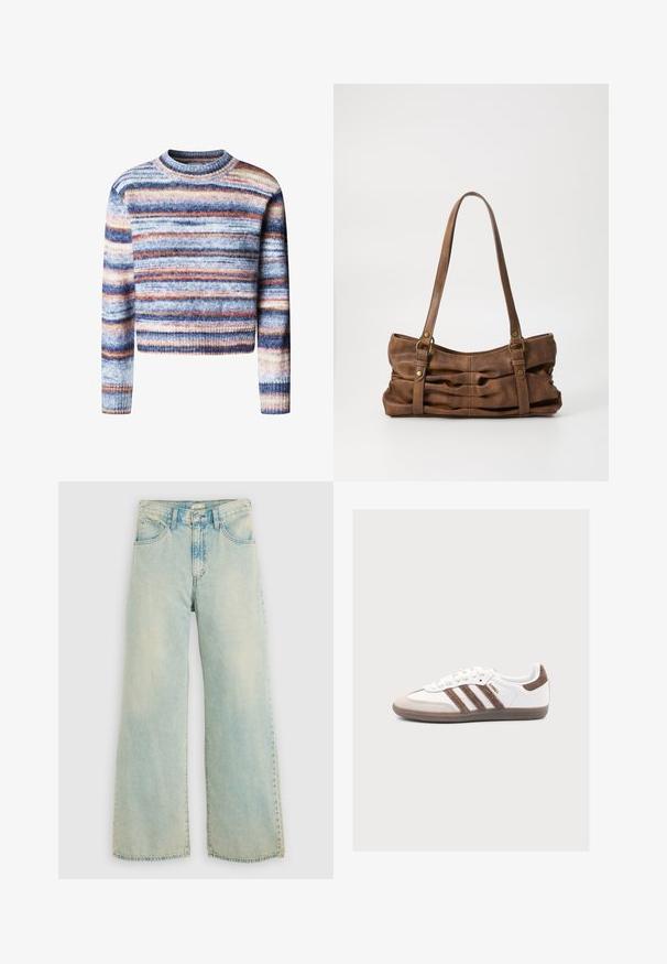 Multikleurige cropped trui met horizontale strepen. Het materiaal heeft een zachte, textuurrijke feel. Heeft een ronde halslijn en lange mouwen.; Lichtblauwe denim wijd uitlopende jeans met een hoge taille, vervaagde afwerking, vijfzakkenontwerp en rechte pijpen met een onafgewerkte zoom.; Witte Adidas Samba sneaker met bruine suède strepen, bruine suède neus en gumzool op een lichtgrijze achtergrond.; Even&Odd Handtas - brown