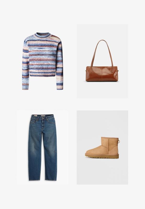 Multikleurige cropped trui met horizontale strepen. Het materiaal heeft een zachte, textuurrijke feel. Heeft een ronde halslijn en lange mouwen.; Blauwe denim jeans met een relaxte pasvorm, voorzien van een hoge taille, rechte pijpen, zichtbare stiksels en een kleine accent op de linkerknee.; Tan suède enkellaars met ronde neus, gestikte details, trekhaak aan de achterkant en een gestructureerde rubberen zool. Ontworpen voor comfort en warmte.; Rechthoekige bruine leren handtas met twee lange schouderriemen, een gladde glanzende afwerking en een minimalistisch ontwerp op een effen achtergrond.