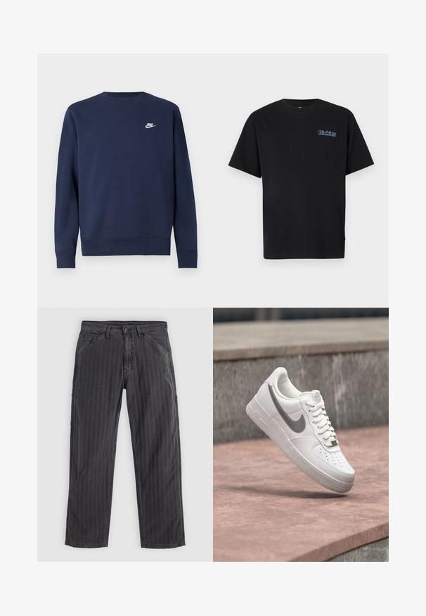 Marineblå sweatshirt lavet af blødt stof, med rund halsudskæring og lange ærmer samt en lille hvid Nike-logo på brystet.; Sort bomulds-T-shirt med korte ærmer og rund hals. Har blå broderet "Dickies"-logo på venstre brystområde.; Sortstribede bukser lavet af bomuldsblandingsstof. Har et lige ben-design, sidelommer og en knaplukning.; Hvid Nike Air Force 1 sneaker med gråt swoosh-logo svævende over en stensurface og en grå stenvæg i baggrunden.