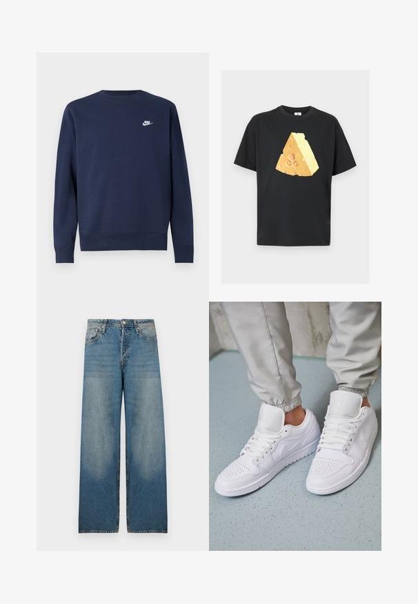Marineblå sweatshirt lavet af blødt stof, med rund halsudskæring og lange ærmer samt en lille hvid Nike-logo på brystet.; Sort t-shirt med korte ærmer med en stor gul kile af schweizisk ost i midten foran.; Lyseblå bredbenede jeans i denimstof med høj talje, fem-lomme design og slidte områder for et vintage look.; Hvide lædersneakers har en perforeret tåboks, flade snørebånd, polstret krave og Jordan-logoet på tungen. Båret med grå joggers.