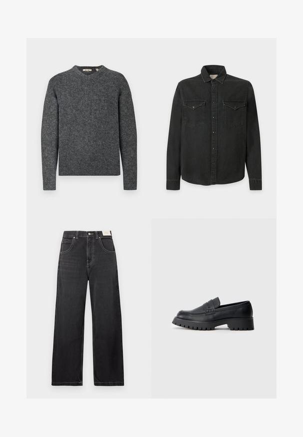 Grå uldtrøje med rund halsudskæring og lange ærmer. Struktureret strikstof og ribbede manchetter ved håndledene og i kanten. Enkel, klassisk design.; Sort langærmet denimskjorte med krave, trykknaplukning og to brystlommer med klaplukning på ensfarvet baggrund.; Sorte jeans med vide ben lavet af denim, med fem lommer, kontrasterende hvide syninger og knaplukning i taljen.; Sorte læder loafers med en rund tå, prydet med en dekorativ rem og en kraftig gummisål med dybe riller for grip.