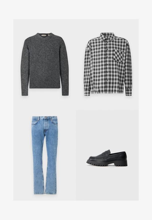Suéter de lana gris con cuello redondo y mangas largas. Tejido de punto texturizado y puños acanalados en las muñecas y el dobladillo. Diseño simple y clásico.; Camisa de manga larga a cuadros en blanco y negro, fabricada en un tejido suave, con un cierre de botones en la parte delantera y un bolsillo en el pecho. Diseño con cuello y ajuste relajado.; Jeans de mezclilla azul claro con corte recto, cinco bolsillos y detalles de costura en contraste. Cintura estándar con cierre de botón.; Mocasines de cuero negro con punta redondeada, que presentan una correa decorativa y una suela de goma gruesa con surcos profundos para mayor tracción.