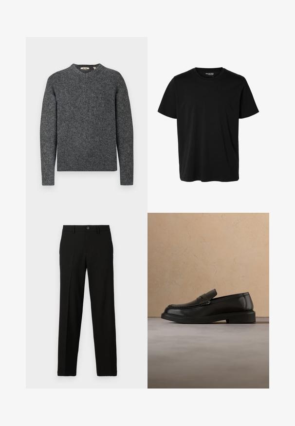 Grå uldtrøje med rund halsudskæring og lange ærmer. Struktureret strikstof og ribbede manchetter ved håndledene og i kanten. Enkel, klassisk design.; Ensfarvet sort t-shirt med korte ærmer og rund hals, herrepasform, uden synlige mønstre eller logoer foran.; Sorte bukser lavet af glat stof, med lige snit, knaplukning i taljen, og uden synlige mønstre eller accenter.; Sort læderloafer svæver over et beige flettet tæppe med et rundt træbord og en sofa i baggrunden.