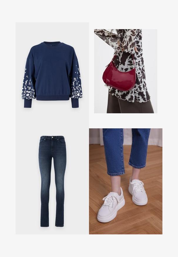 Tummansininen collegepaita, jossa on pitkät, puffimaiset hihat ja valkoista kukkakirjontaa. Ribbauskankaiset hihansuut ja helma, pehmeä rakenne, rento istuvuus.; Tummanpesu denim-farkut, joissa on slim fit -leikkaus, korkea vyötärö, viisi taskua ja metallinen napitus. Sujuva pinta, jossa on lievää haalistumista.; Jalat, jotka ovat pukeutuneet lyhennettyihin sinisiin farkkuihin ja valkoisiin nauhallisiin platform-tennareihin, seisovat vaalealla puulattialla.; Nainen, jolla on mustavalkoinen kuviollinen pusero, pitää kiiltävää punaista olkalaukkua yksiväristä taustaa vasten.