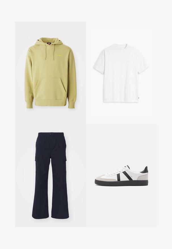 Lys grøn pullover hoodie med kængurulomme, snoretræk, ribbede manchetter og et lille gult "Dickies" logo på brystet.; Hvid t-shirt i bomuld med korte ærmer, rund halsudskæring og en diskret "Levi's"-logo trykt i lyse farver på forsiden.; Marineblå cargo-bukser med elastisk linning, to sidelommer og brede, udvidede ben; lavet af letvægtsstof med en glat overflade.; Hvide sneakers med sorte og grå detaljer, med en tekstureret grå tåhætte, sort gummisål og flade hvide snørebånd. Rent design, minimalistisk stil.