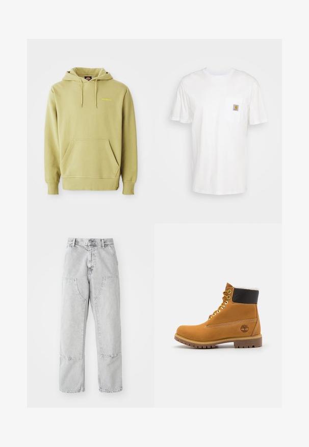 Svetlozelená mikina s kapucňou, má kengurskú kapsu, šnúrky, rebrované manžety a malé žlté logo "Dickies" na hrudi.; Biele bavlnené tričko s krátkymi rukávmi, vreckom na hrudi a malou štvorcovou nášivkou v oranžovej a bielej farbe na vrecku.; Svetlosivé džínsy s voľným strihom, ktoré majú veľké bočné vrecká, viditeľné švy a rovný strih nohy. Pás s pútkami na opasok.; Hnedé kožené ankle boot s kovovými očkami, bielym kožúškom vo vnútri, čiernym vypolstrovaným golierom, robustnou podrážkou a vyrazeným logom na boku.