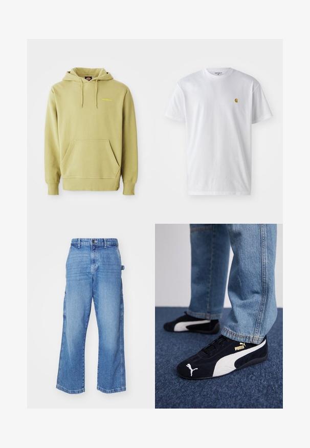 Lys grøn pullover hoodie med kængurulomme, snoretræk, ribbede manchetter og et lille gult "Dickies" logo på brystet.; Hvid bomulds t-shirt med korte ærmer, rund hals og et lille guld logo på venstre brystområde. Blød tekstur og almindelig pasform.; Lyseblå denim cargo bukser med en afslappet pasform, flere sidelommer og et bredt ben-design. Har en knap- og lynlåslukning.; Sorte ruskinds sneakers med hvide detaljer og et guldlogo. Båret med lyseblå denimjeans og sat på en struktureret blå overflade.