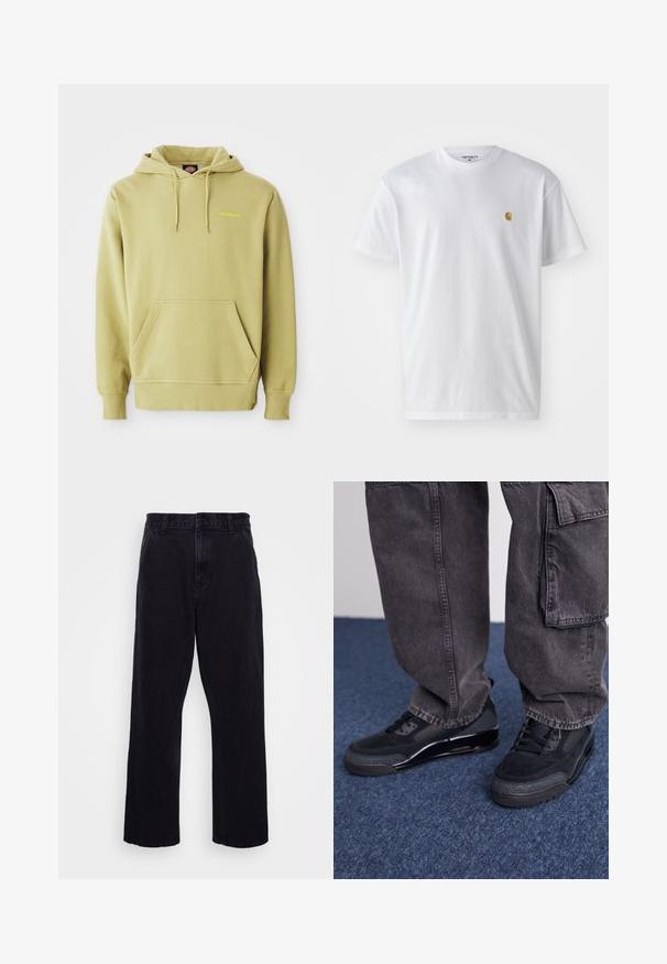 Helle grüne Pullover-Haube mit Kängurutasche, Kordelzügen, gerippten Bündchen und kleinem gelben "Dickies"-Logo auf der Brust.; Weißes Baumwoll-T-Shirt mit kurzen Ärmeln, Rundhalsausschnitt, mit einem kleinen goldenen Logo im linken Brustbereich. Weicher Stoff und normale Passform.; Schwarze Jeanshose mit geradem Bein, ausgestattet mit einem Knopf- und Reißverschluss, Gürtelschlaufen und minimalen Nähdetails.; Schwarze Sportschuhe mit einer strukturierten Oberfläche, glatten Akzenten und einer chunky Sohle, kombiniert mit dunklen, lässig sitzenden Cargo-Hosen.