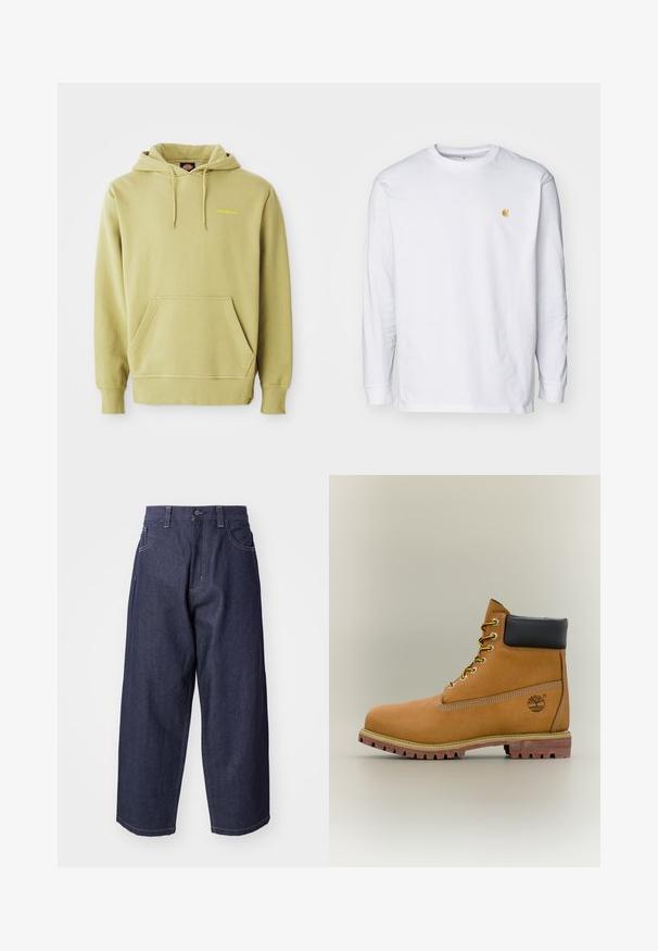 Heled roheline kapuutsiga sviiter, millel on tasku, paelad, soonikuga varrukad ja väike kollane "Dickies" logo rinnal.; Valge pika varrukaga T-särk, mis on valmistatud puuvillast. Rinnal on väike kuldne logo ja ümar kaelus. Lihtne disain ja standardne lõige.; Tumedat sinised teksad laia ja mahuka lõikega. Omadusteks on nööbiga kinnitamine, ees olevad taskud ja nähtavad õmblused.; Pruun nahast pahkluu saabas musta kraega, kollaste paelte ja beežide tallaga. Omab logo ja valge õmbluse detaile. Tugeva haardega välistald.