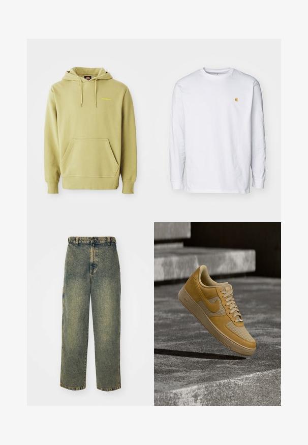 Lys grøn pullover hoodie med kængurulomme, snoretræk, ribbede manchetter og et lille gult "Dickies" logo på brystet.; Hvid langærmet t-shirt lavet af bomuld. Har et lille gyldent logo på brystet og en rund halsudskæring. Enkel design og standard pasform.; Slidse denim jeans i en falmet blå og grøn vask. Har en knaplukning, bælteløkker og sidelommer. Flad front og lige ben-design.; Tan- og beige Nike Air Force 1-sneaker svæver over en betonoverflade med stenetrin i baggrunden.