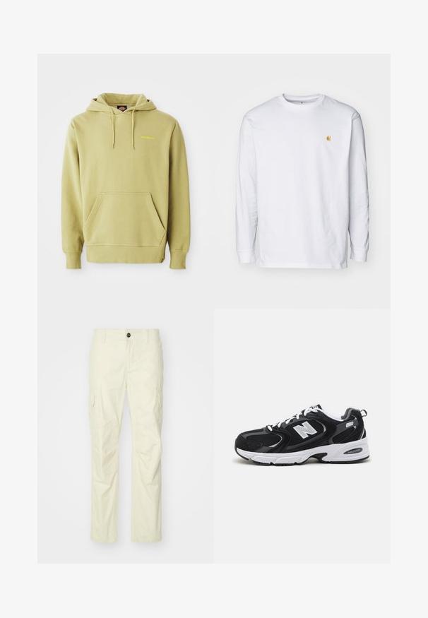 Heled roheline kapuutsiga sviiter, millel on tasku, paelad, soonikuga varrukad ja väike kollane "Dickies" logo rinnal.; Valge pika varrukaga T-särk, mis on valmistatud puuvillast. Rinnal on väike kuldne logo ja ümar kaelus. Lihtne disain ja standardne lõige.; Kreemjad cargo püksid, mis on valmistatud kergest kangast, külgpocketide, nööbi sulgemise ja sirgete jalgadega. Sile tekstuur koos korralike õmblustega.; Must värvi ja hallid spordijalatsid, mille ülemine osa on valmistatud võrgust ja nahast, valge vaheosaga, paeltega ja küljel julge "N" logo.