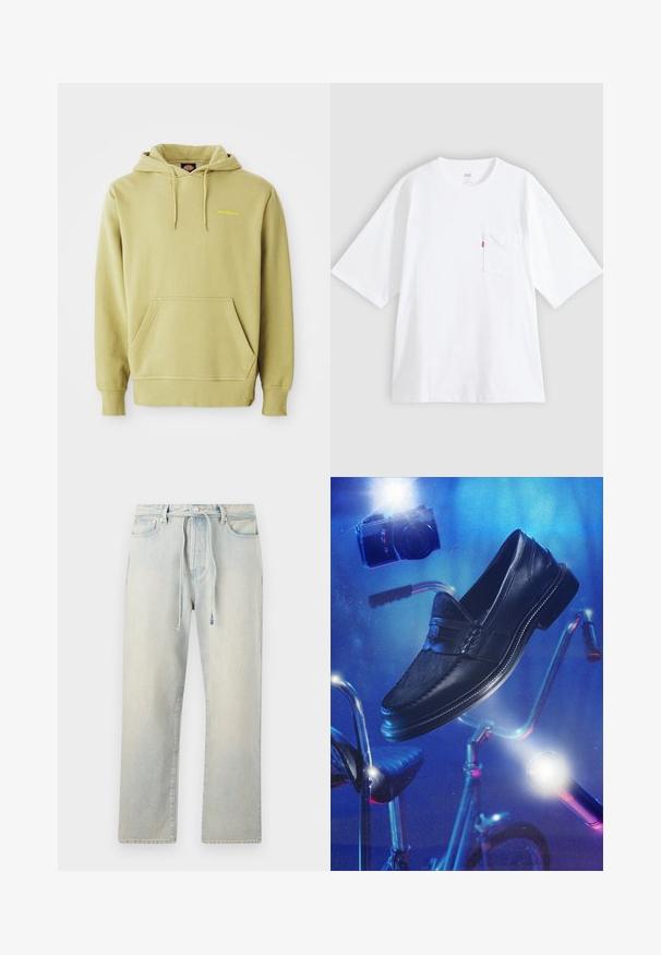 Lys grøn pullover hoodie med kængurulomme, snoretræk, ribbede manchetter og et lille gult "Dickies" logo på brystet.; Hvid bomulds-T-shirt med korte ærmer, rund hals og lomme på venstre bryst. Har en lille rød logoetiket på lommen.; Lyseblå denim-jeans med afslappet pasform, snøre i taljen, diskret falmet tekstur og lige ben. Har klassiske lommer og syninger.; Sort læderloafer med pelsdetalje svæver over en vintagecykel med et kamera hængende i blåtonet belysning.