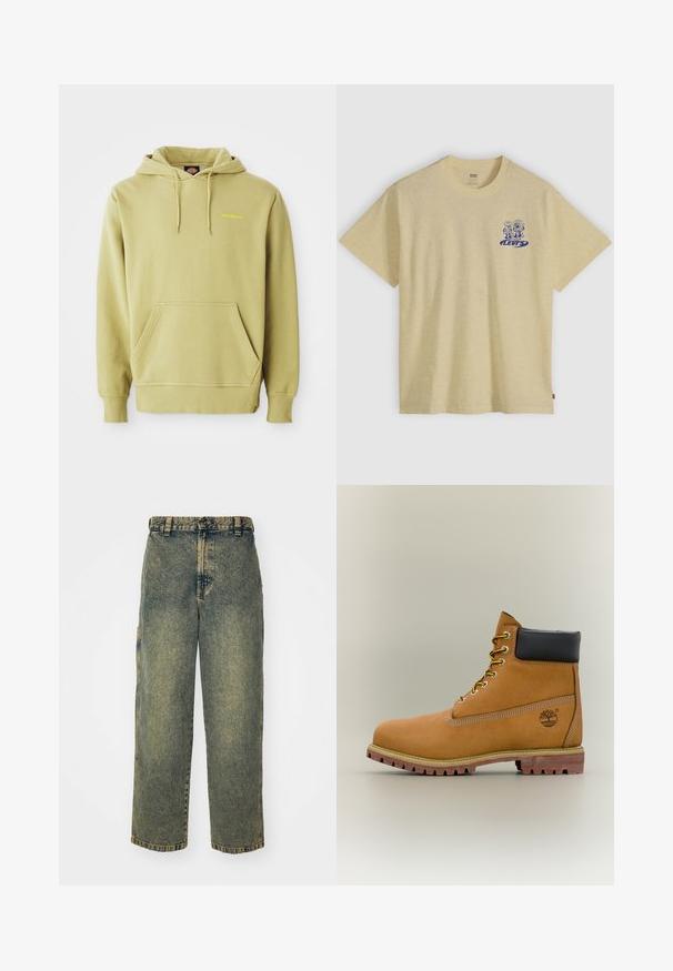 Vaaleanvihreä vetoketjullinen huppari, jossa on kengurutasku, narut, ribbitaskut ja pieni keltainen "Dickies"-logo rinnassa.; Beige Levi's t-paita, jossa sininen grafiikka kahdesta piirroshahmosta ja Levi's-logo vasemmassa rinnassa, lyhyet hihat, pyöreä kaulus.; Löysät farkut haalistuneessa sinisen ja vihreän sävyssä. Varustettu napituksella, vyölenkeillä ja sivutaskuilla. Tasainen etuosa ja suora lahjemuoto.; Ruskeat nahkaiset nilkkurit, joissa musta kaulus, keltaiset nauhat ja vaalea pohja. Varustettu logolla ja valkoisilla sauman yksityiskohdilla. Kestävä, pitävä ulkopohja.