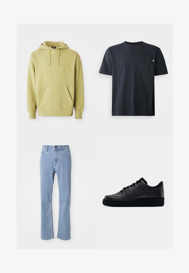 Heled roheline kapuutsiga sviiter, millel on tasku, paelad, soonikuga varrukad ja väike kollane "Dickies" logo rinnal.; Tumed mereväärne puuvillane T-särk, millel on ümmargune kaelus ja lühikesed varrukad. Särk sisaldab ühte rinnaülikat ja sirgetHem.; Heledad sinise denimi teksad, sirge säärte disainiga, viie taskuga stiil, eest ühe nupuga sulgemine ja õrn kulunud tekstuur.; Mustad Nike Air Force 1 tossud musta sileda nahast, perforatsioonidega varvas hingavuse tagamiseks, mustad paelad ja tekstureeritud kummitald.